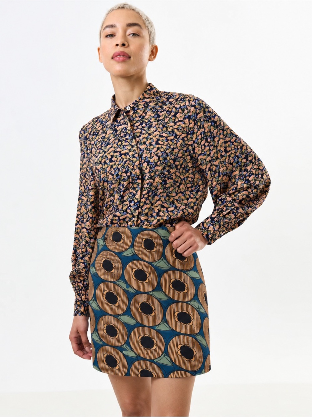 TULIP B | Smocked Waist Cotton Patterned A-Line Skirt in Mustard and Teal